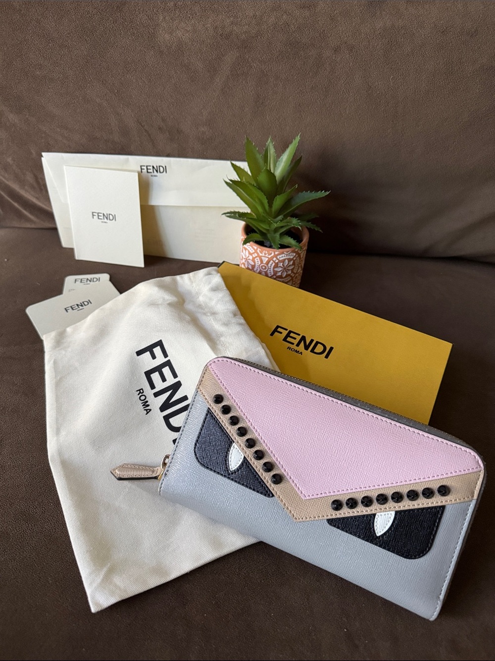 Fendi Pink, Gray & Beige Leather Monster Zip Wallet Box,Dust Bag Cards